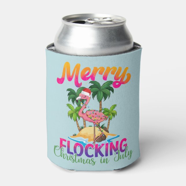 Flamingo Christmas In July | Tropical Flamingo Can Cooler (Can Front)