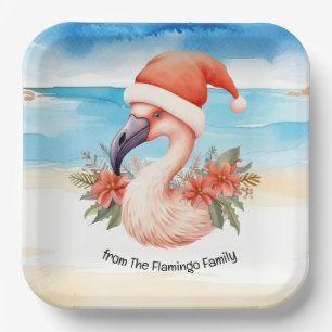 Flamingo Christmas in July watercolor Paper Plate
