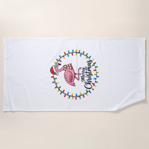 Flamingo Christmas Lights Holiday Beach Towel
