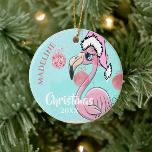 Flamingo Christmas Santa Hat Blue Pink Girly Cute Ceramic Tree Decoration