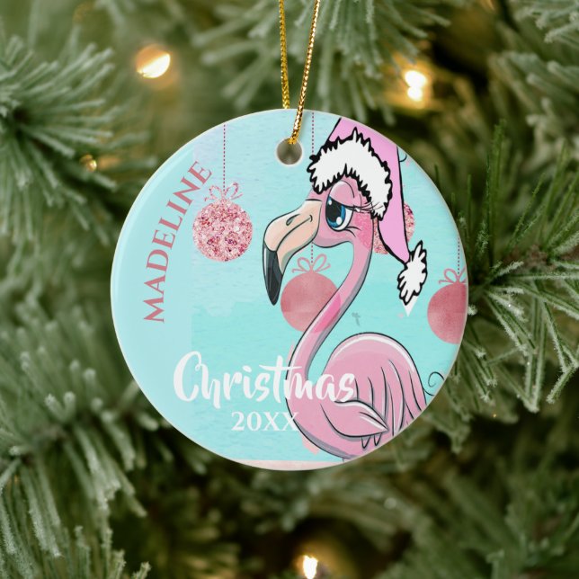 Flamingo Christmas Santa Hat Blue Pink Girly Cute Ceramic Tree Decoration (Tree)