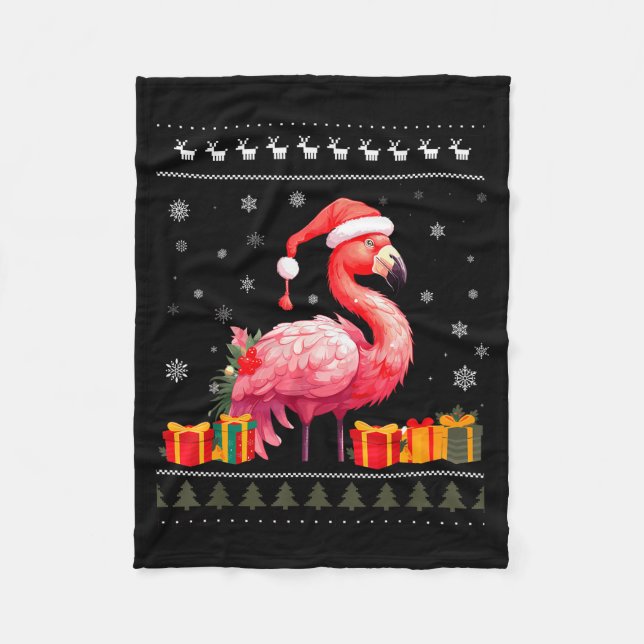 Flamingo Christmas Santa Hat Ugly Christmas Sweate Fleece Blanket (Front)