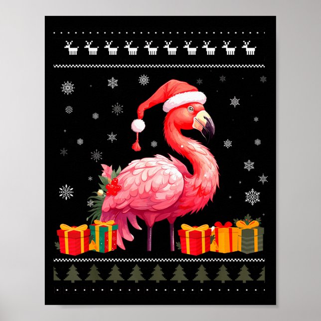 Flamingo Christmas Santa Hat Ugly Christmas Sweate Poster (Front)