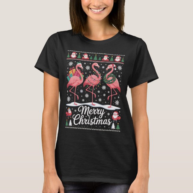 Flamingo Christmas Shirt with Santa and Gift (Front)