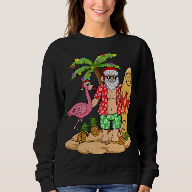 Flamingo Christmas Sweater Funny Santa Palm Tree P (Front)