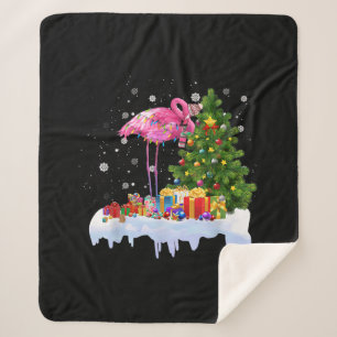 Flamingo Christmas Tree Lights Sherpa Blanket