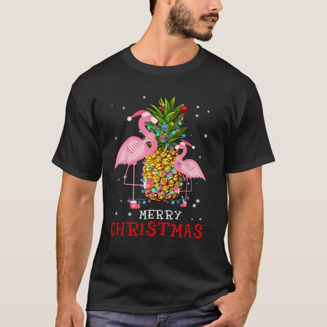 Flamingo Christmas Tree Pineapple Xmas Light Merry T-Shirt (Front)