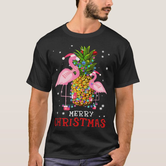 Flamingo Christmas Tree Pineapple Xmas Light T-Shirt (Front)