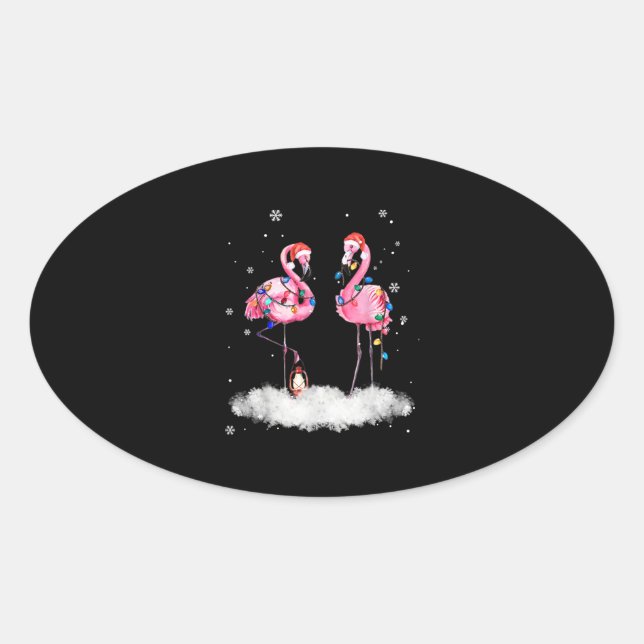 Flamingo Christmas Tree Santa Hat Light Oval Sticker (Front)