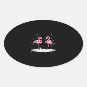 Flamingo Christmas Tree Santa Hat Light Oval Sticker