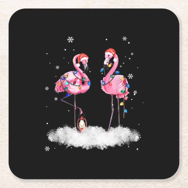 Flamingo Christmas Tree Santa Hat Light Square Paper Coaster (Front)
