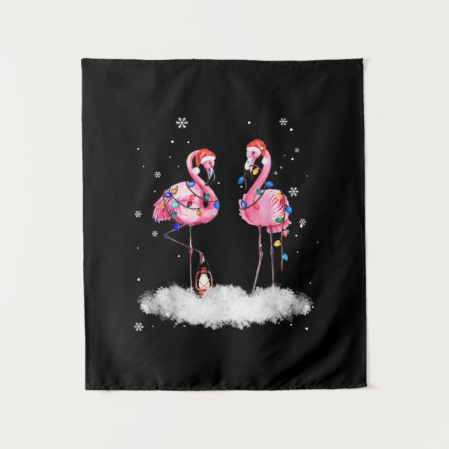 Flamingo Christmas Tree Santa Hat Light Tapestry (Front)