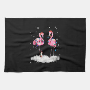 Flamingo Christmas Tree Santa Hat Light Tea Towel