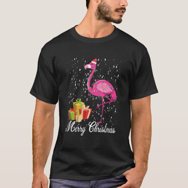 Flamingo Christmas Tree Santa Hat Xmas Light Merry T-Shirt (Front)