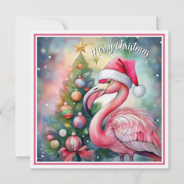 Flamingo Christmas watercolor flat card (Front)