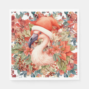 Flamingo Christmas with Santa Hat and Poinsettia  Napkin