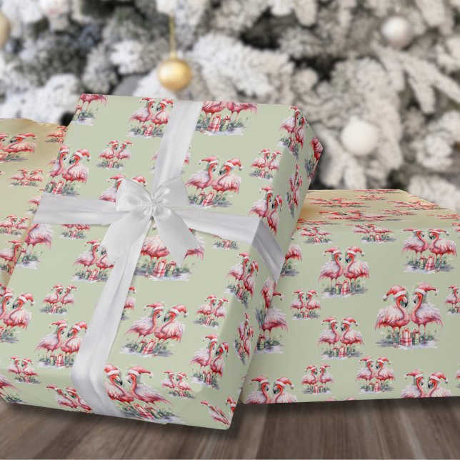 Flamingo Christmas Wrapping Paper (Flamingo Beach Pink Green Christmas Wrapping Paper)