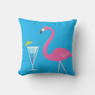 Flamingo & Cocktail on Blue Outdoor Pillow