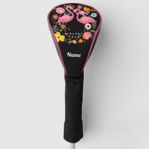 Flamingo couple stand on flower with name  golf head cover