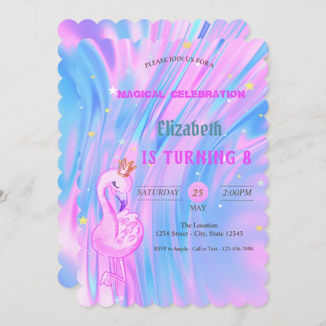  Flamingo,Crown Ombre Holographic Opal Birthday Invitation (Front/Back)