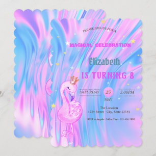 Flamingo,Crown Ombre Holographic Opal Birthday Invitation