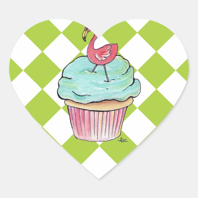 Flamingo Cupcake Heart Sticker (Front)