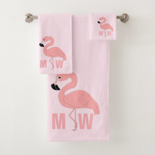 Flamingo Design Monogrammed Pink Bath Towel Set