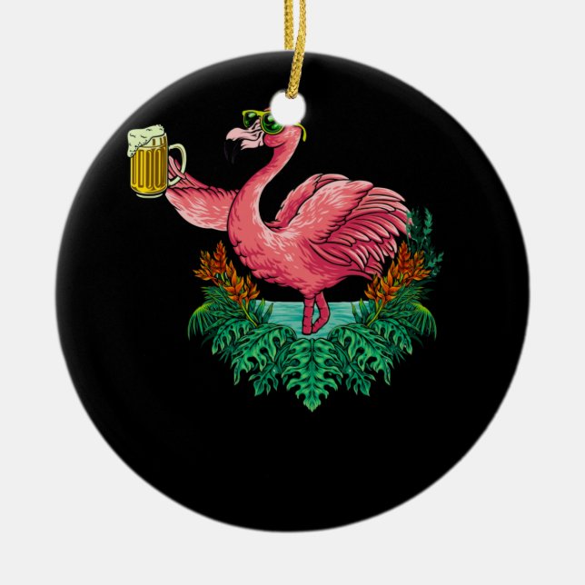 Flamingo Drinking Beer Party Ceramic Tree Decoration (Front)