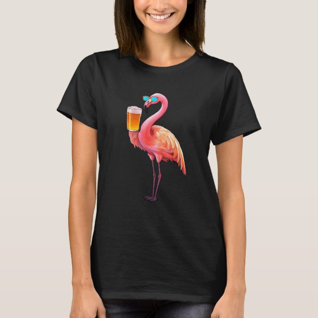 Flamingo Drinking Beer  Pink Flamingo T-Shirt (Front)