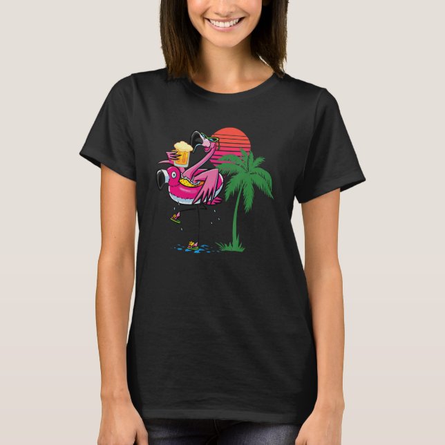 Flamingo Drinking Beer Summer Beach Party T-Shirt (Front)