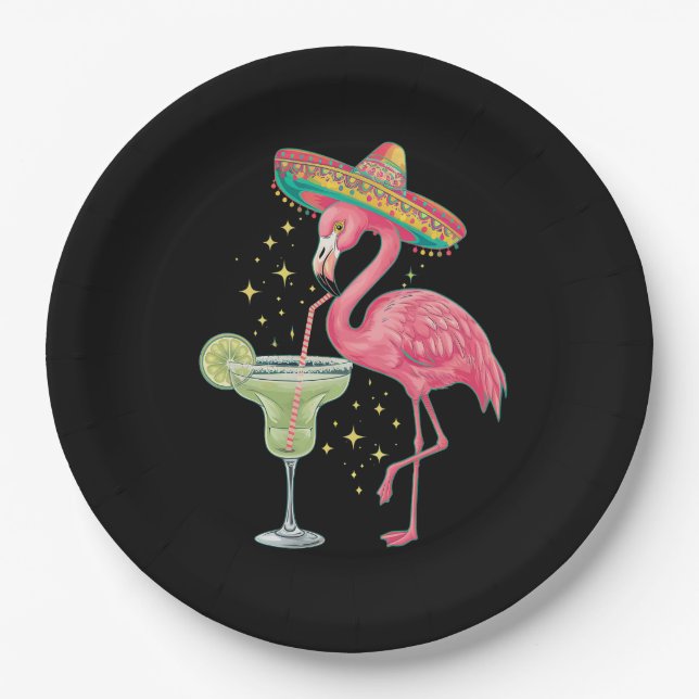 Flamingo Drinking Margarita Funny Mexican Poncho Paper Plate (Front)