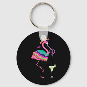 Flamingo Drinking Margarita Mexican Poncho Cinco D Key Ring