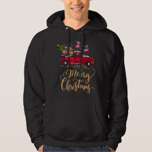 Flamingo Driving Christmas Tree Red Truck Flamingo Hoodie