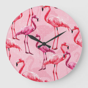 Flamingo Elegance: Pink Bird Pattern. Large Clock