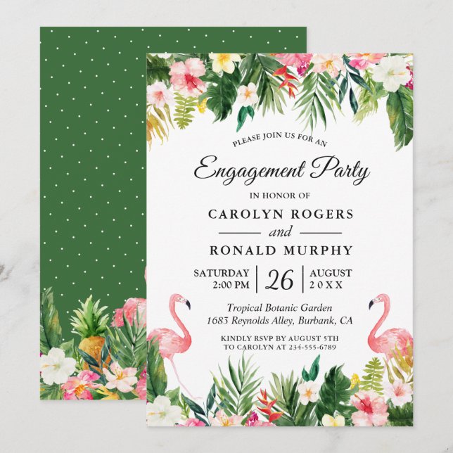 Flamingo Engagement Party Tropical Leaves Floral Invitation (Front/Back)