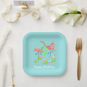 Flamingo Fandango Duo Happy Birthday square  Paper Plate