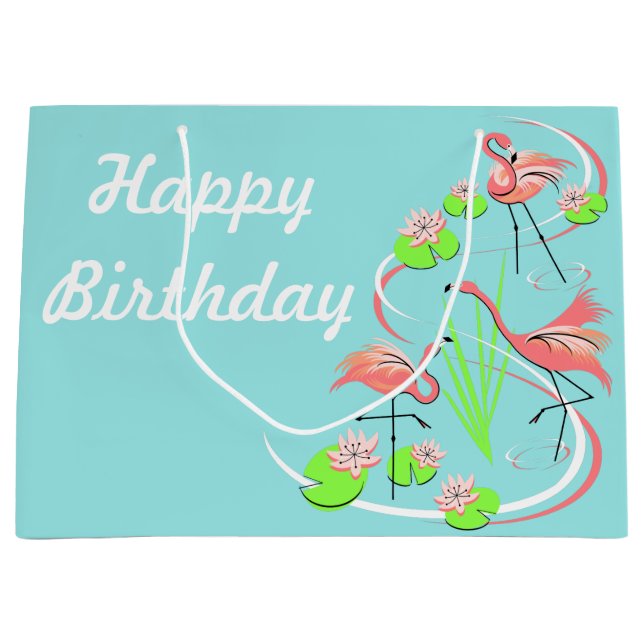 Flamingo Fandango Trio Happy Birthday large Large Gift Bag (Front)