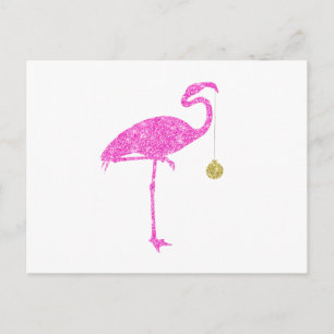 Flamingo Faux Pink Glitter Flamingos Christmas Holiday Postcard