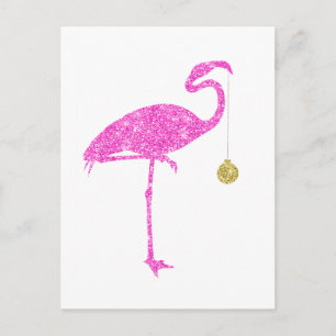 Flamingo Faux Pink Glitter Flamingos Christmas Holiday Postcard