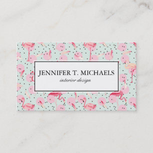 Flamingo Feathers On Polka Dots Add Your Name Business Card