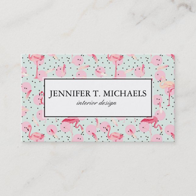 Flamingo Feathers On Polka Dots | Add Your Name Business Card (Front)