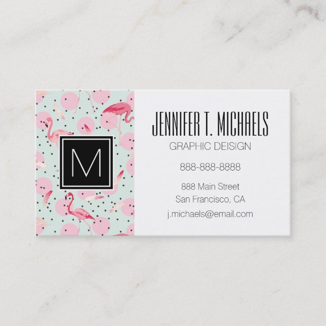 Flamingo Feathers On Polka Dots | Add Your Name Business Card (Front)