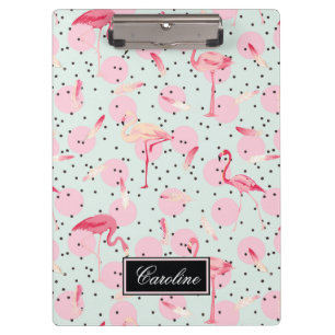 Flamingo Feathers On Polka Dots   Add Your Name Clipboard