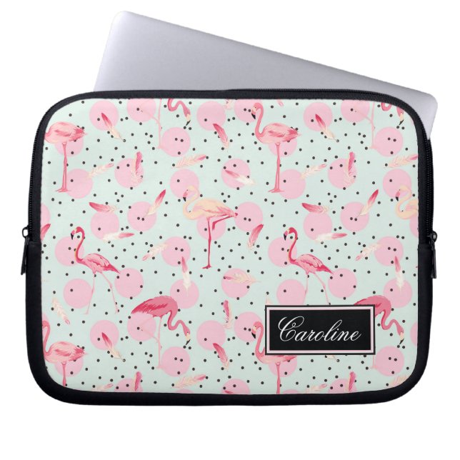Flamingo Feathers On Polka Dots | Add Your Name Laptop Sleeve (Front)