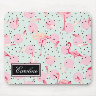 Flamingo Feathers On Polka Dots   Add Your Name Mouse Mat