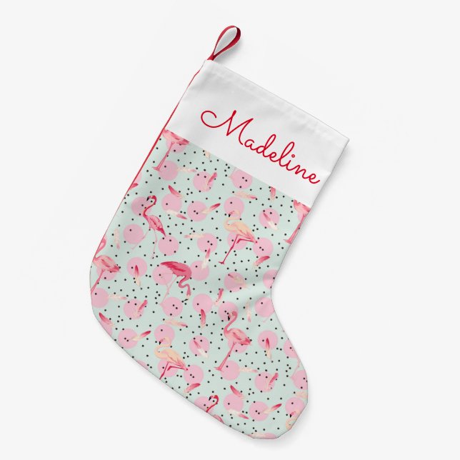 Flamingo Feathers On Polka Dots | Add Your Name Small Christmas Stocking (Front (Hanging))