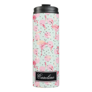 Flamingo Feathers On Polka Dots   Add Your Name Thermal Tumbler