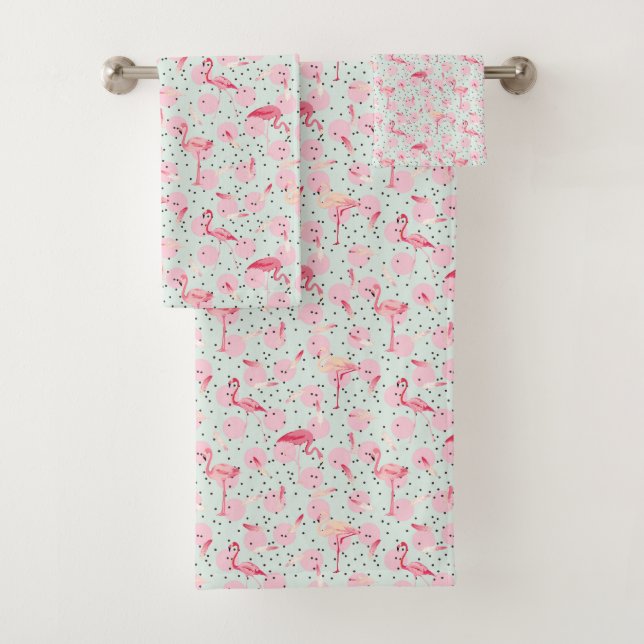Flamingo Feathers On Polka Dots Bath Towel Set (Insitu)