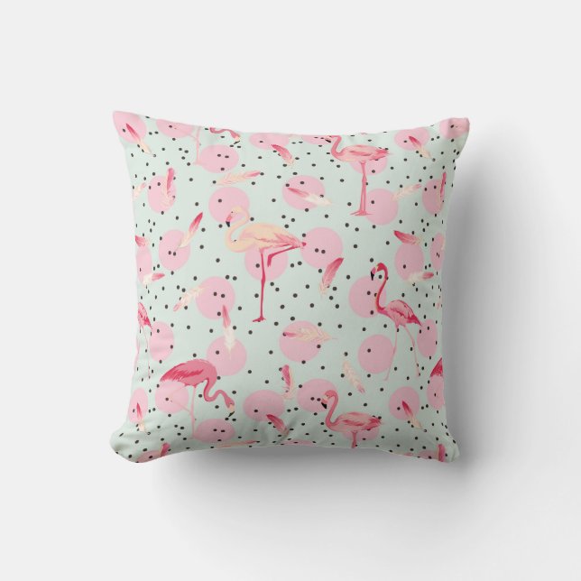 Flamingo Feathers On Polka Dots Cushion (Front)