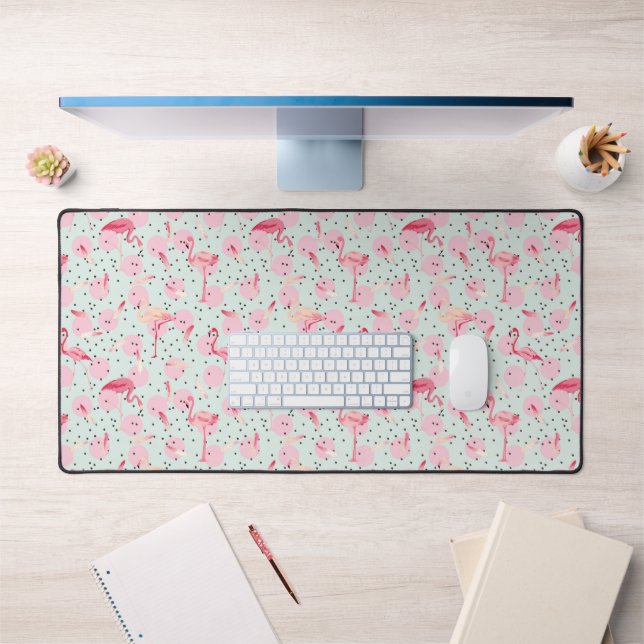 Flamingo Feathers On Polka Dots Desk Mat (Office 1)